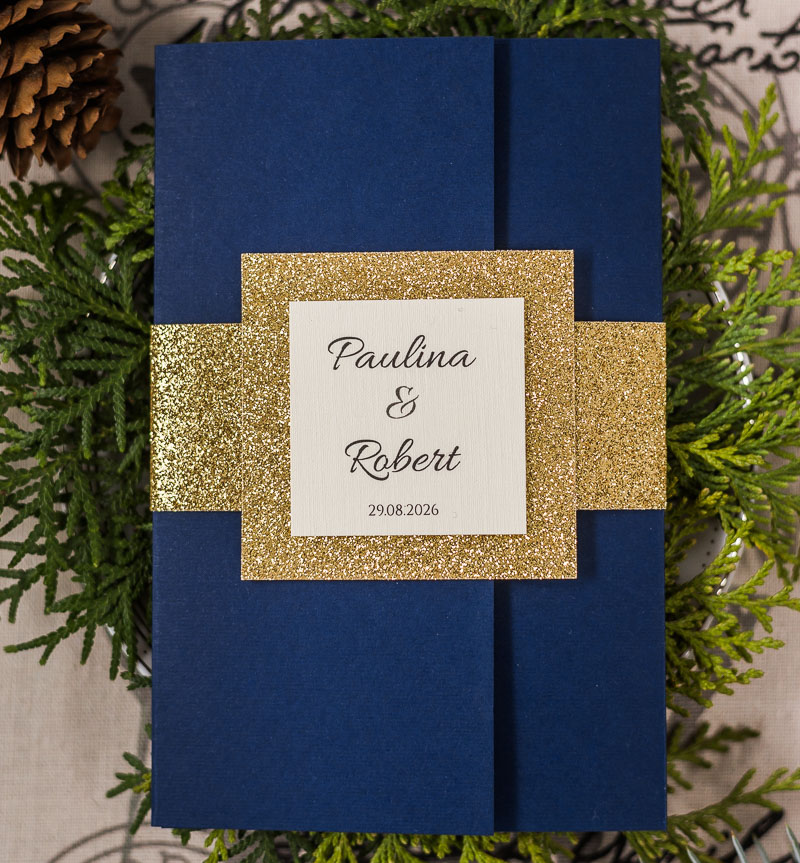 Zaproszenia na ślub folderowe - granatowe ze złotą brokatową opaską